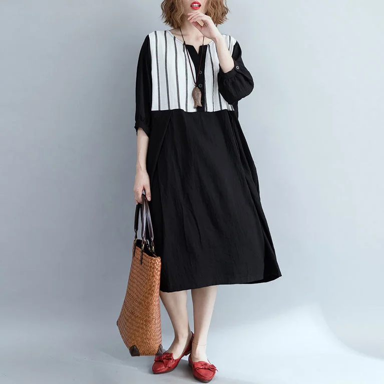 Loose black striped Cotton clothes Women Fashion Outfits patchwork Plus Size Dress Plus Size Stylish