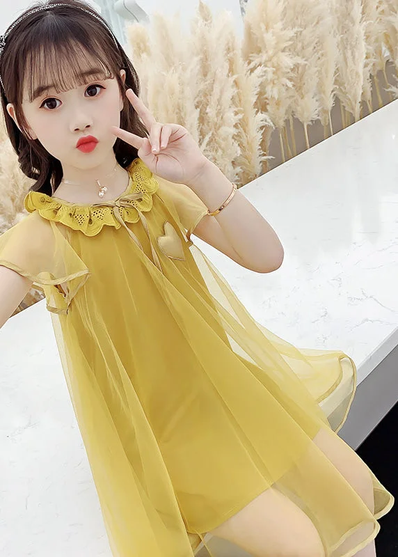 Fashion Yellow O-Neck Wrinkled Tulle Kids Long Dress Summer Soft Tulle Dress