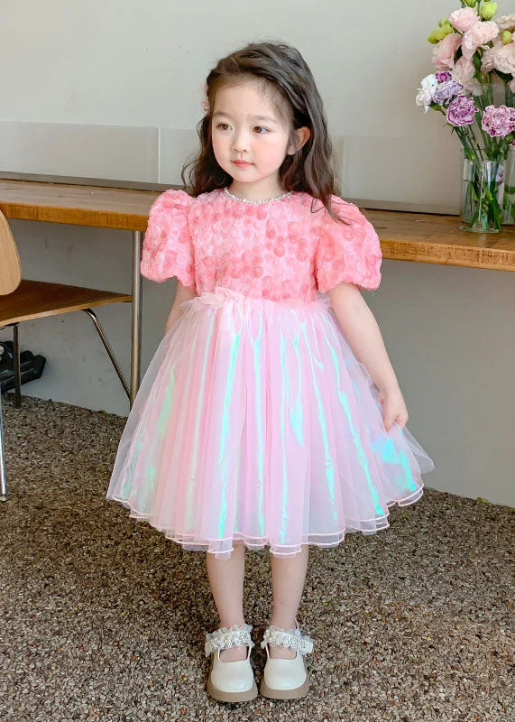 Cute Pink Wrinkled Nail Bead Patchwork Tulle Baby Girls Dress Short Sleeve Sparkling Tulle Dress