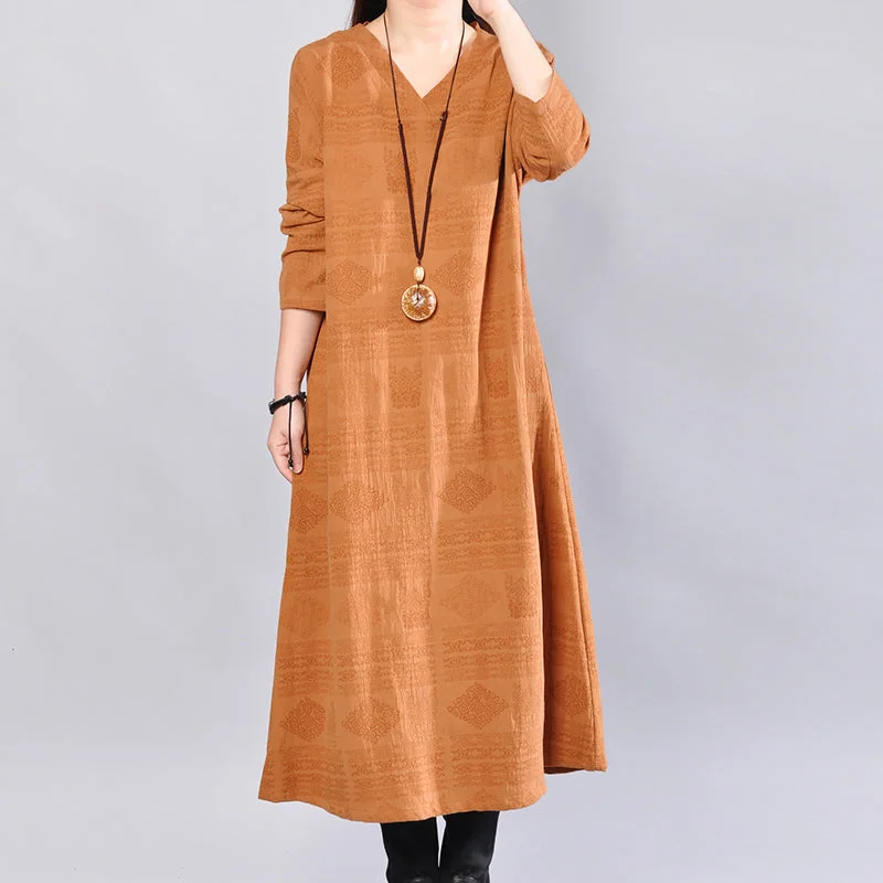 stylish yellow linen knee dress trendy plus size linen clothing dress 2018back side open v neck linen clothing dress Formal Plus Dress