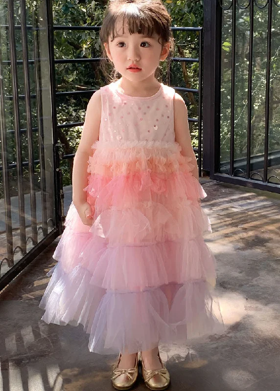 Style Gradient Pink O Neck Ruffled Patchwork Tulle Baby Girls Dresses Sleeveless Tulle Dress Twirl