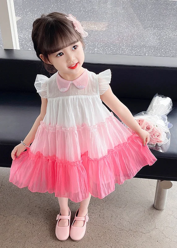 Lovely Pink Ruffled Patchwork Tulle Kids Layered Maxi Dresses Sleeveless Party Tulle Dress