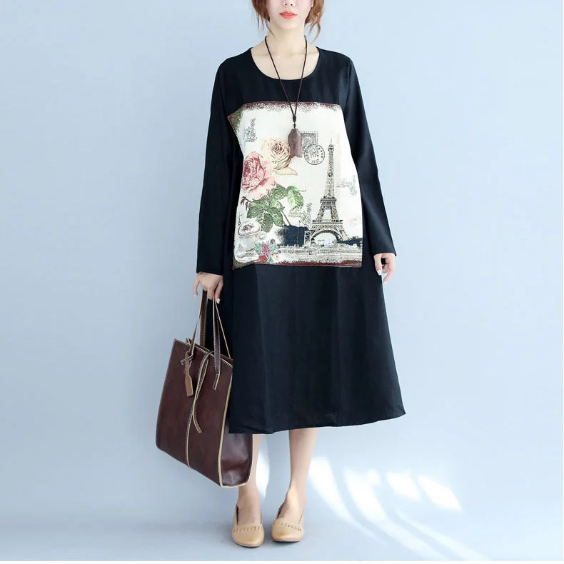 new black print cotton linen dresses plus size long sleeve maternity dress Cozy Plus Dress