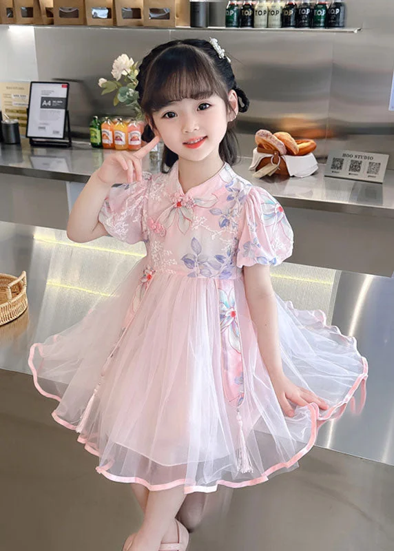 Cute Pink Print Wrinkled Patchwork Tulle Kids Girls Dresses Summer Tulle Dress Perfect