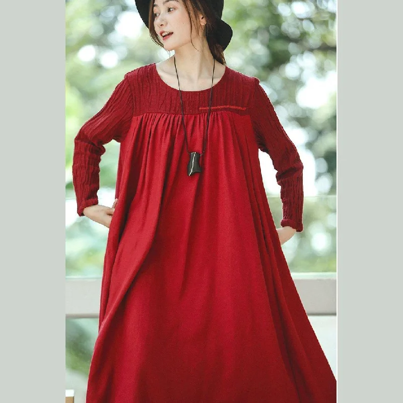 New red plus size clothing O neck embroidery caftans boutique long sleeve large hem dresses Bodycon Plus Size