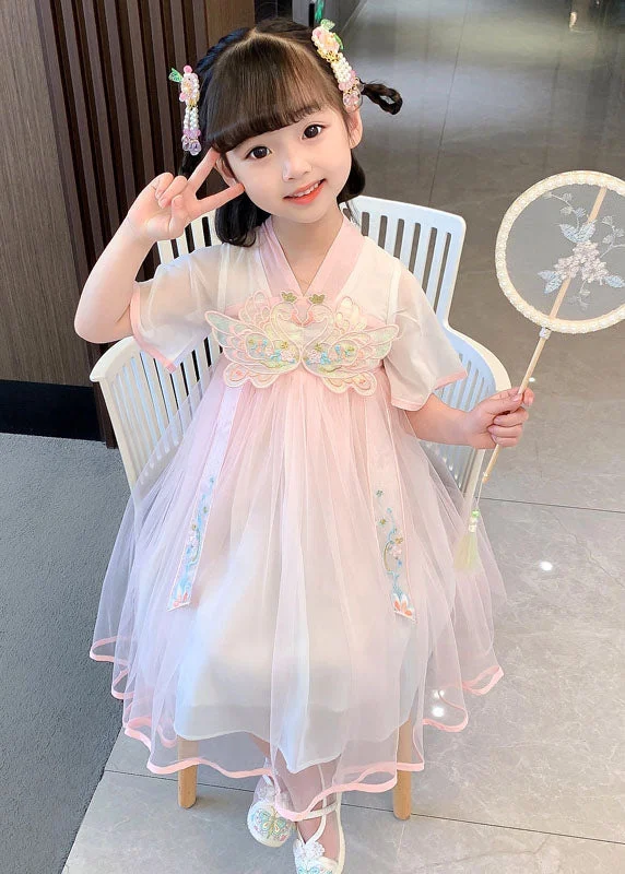 Cute Pink Embroideried Wrinkled Patchwork Tulle Baby Girls Dress Summer A-line Tulle Dress