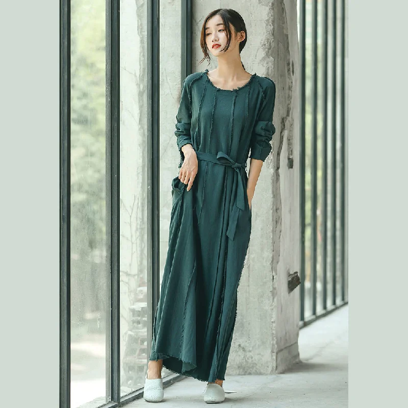 boutique blackish green plus size clothing O neck baggy dresses traveling clothing Elegant tie waist dresses Plus Size Blouse