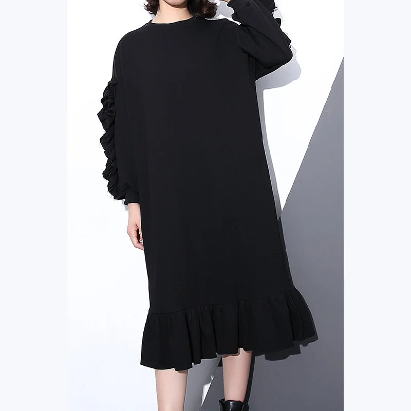 boutique black autumn cotton dress trendy plus size O neck cotton clothing dress 2018 long sleeve Cinched maxi dresses Plus Size Slit