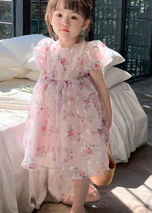 Fashion Pink O Neck Print Wrinkled Patchwork Tulle Kids Girls Dresses Summer Tulle Dress Modern