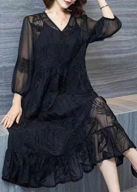 Organic Black V Neck Embroideried Patchwork Tulle Dresses Summer Tulle Dress Set