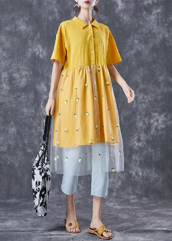 Organic Yellow Embroideried Patchwork Tulle Cotton Dress Summer Tulle Dress Look