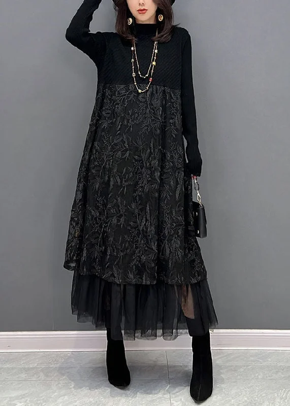 Chic Black Embroideried Tulle Patchwork Knit Dresses Winter Tulle Dress Outfit