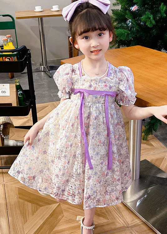 light Purple Print Patchwork Tulle Baby Girls Dress Wrinkled Summer Tulle Dress Style