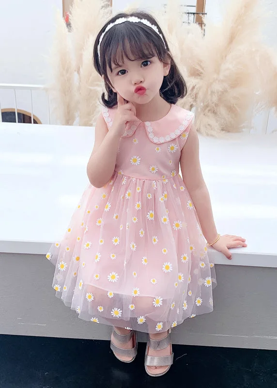 Pink Peter Pan Collar Tulle Girls Maxi Dress Summer Blue Tulle Dress