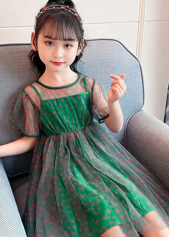 Unique Green O-Neck Dot Patchwork Tulle Girls Long Dress Summer Ruffled Tulle Dress