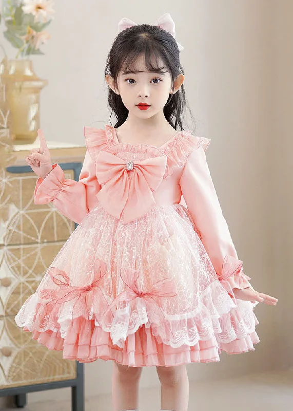 Lovely Pink Square Collar Bow Patchwork Tulle Kids Mid Dresses Long Sleeve Pink Tulle Dress