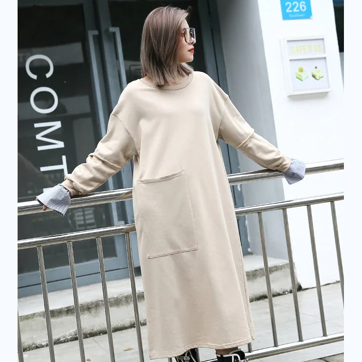 baggy khaki cotton caftans plus size clothing O neck traveling clothing 2018 pockets patchwork autumn dress Plus Size Formal