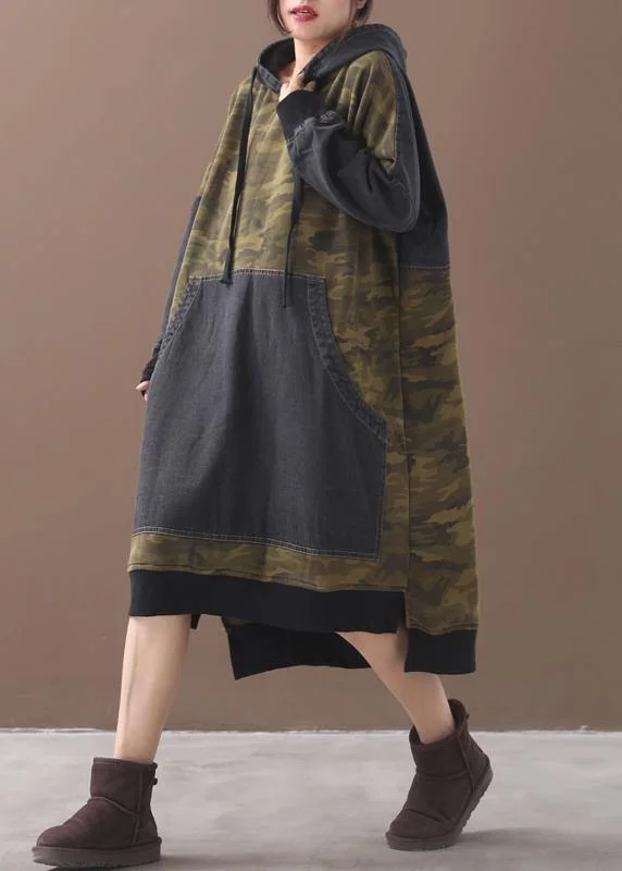 Classy patchwork cotton hooded quilting dresses Shape green Camouflage Plus Size Dresses Plus Size Long