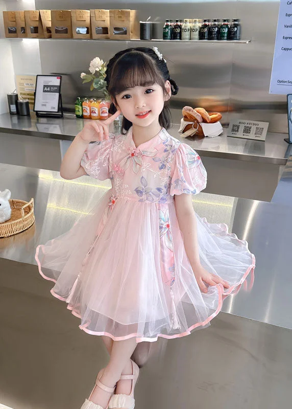 Cute Pink Embroideried Chinese Button Patchwork Tulle Baby Girls Dresses Summer Bohemian Tulle Dress