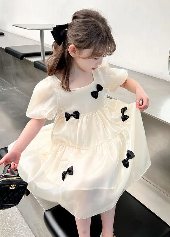 Beautiful Beige O Neck Bow Patchwork Tulle Kids Girls Dress Summer Tulle Dress Simple