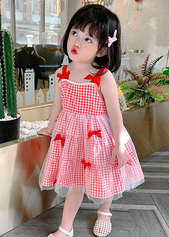 Elegant Red Plaid Patchwork Tulle Kids Slip Long Dress Summer Chic Tulle Dress