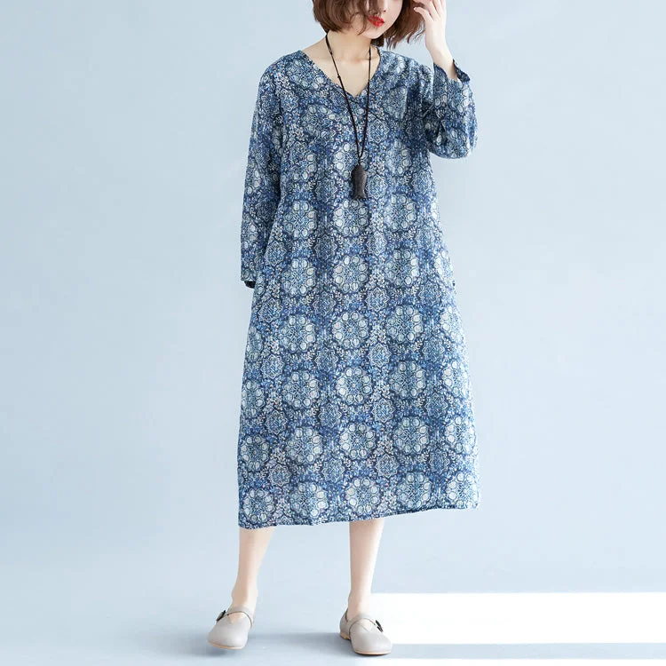 New blue print long linen dress plus size clothing v neck baggy dresses traveling clothing vintage long sleeve pockets dresses Plus Size Ruched