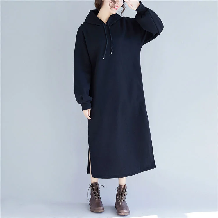 New black spring dress plus size gown hooded side open drawstring cotton clothing dress Plus Size Chic