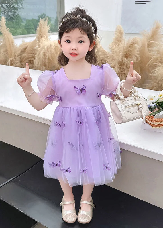 Purple Wrinkled Bow Tulle Kids Vacation Maxi Dresses Summer Tulle Dress Design