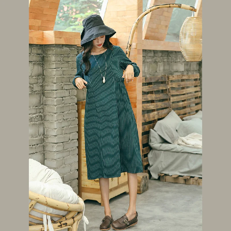 vintage green striped dresses trendy plus size pockets vintage o neck dresses Plus Size T-shirt