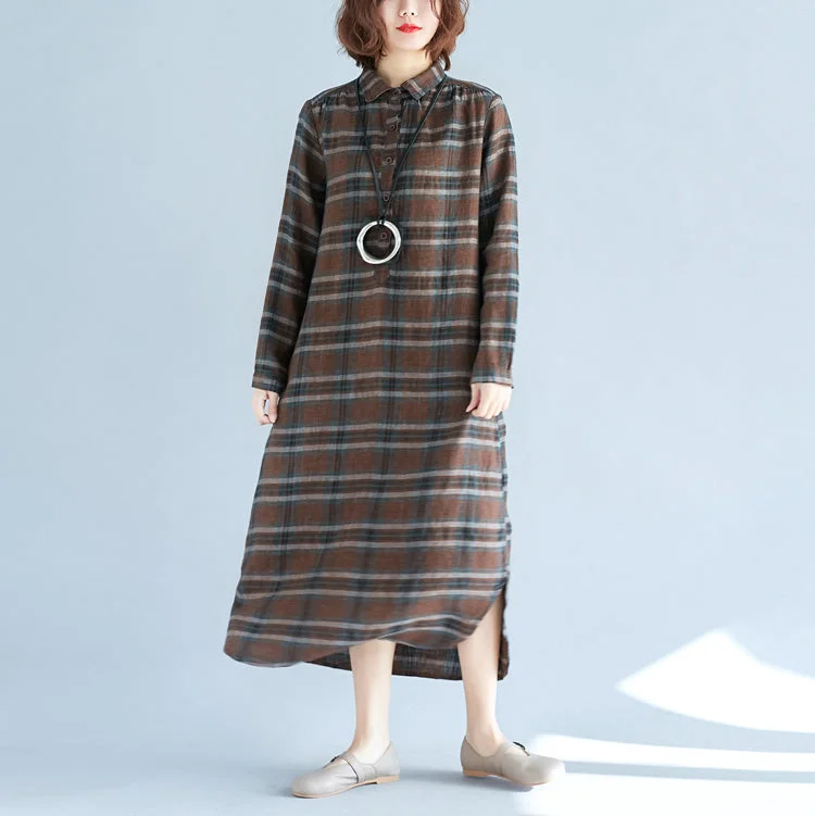 vintage chocolate Plaid cotton linen caftans plus size Turn-down Collar baggy dresses casual long sleeve dresses Plus Size Stylish