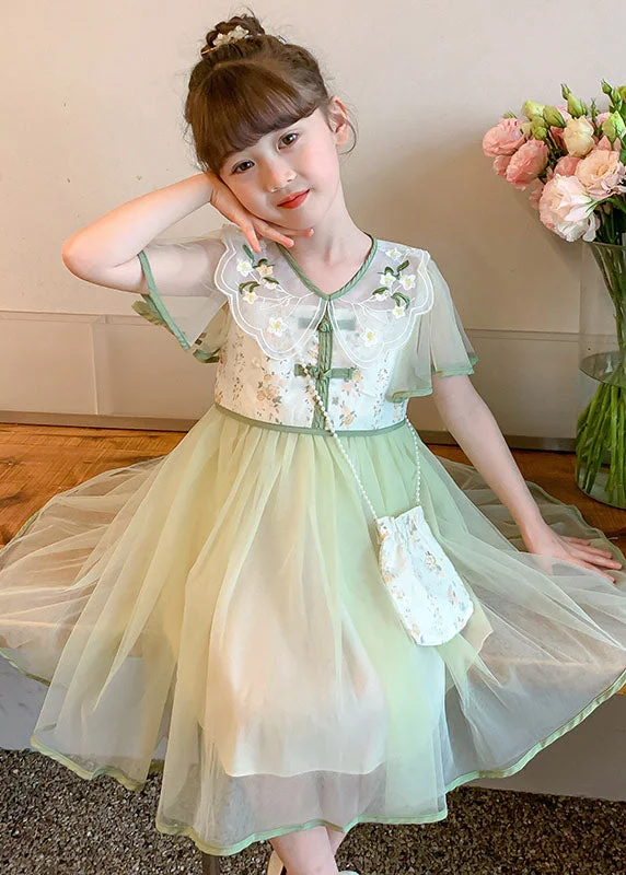 Stylish Light Green Embroideried Wrinkled Patchwork Tulle Kids Girls Dress Summer Romantic Tulle Gown