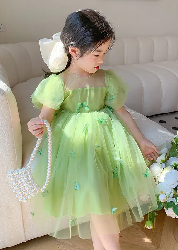 Lovely Green Wrinkled Butterfly Patchwork Tulle Baby Girls Dresses Summer Boho Chic Tulle