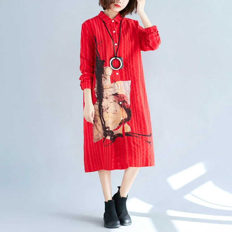 women red cotton shift shirt dresses plus size holiday dresses Elegant long sleeve Turn-down Collar cotton shirt dress Plus Size Blouson