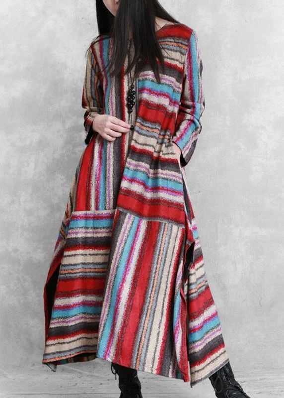 Organic red striped linen cotton clothes For Women side open Plus Size Clothing patchwork Dress Plus Size Swing