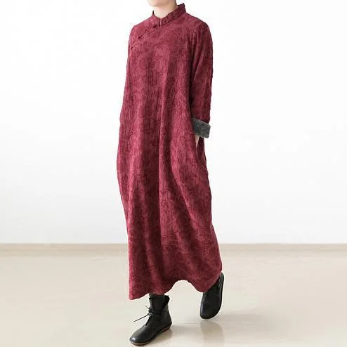 red winter dresses plus size linen dress 2024 new thick velour inside gown caftans vintage style Plus Size Colorblock