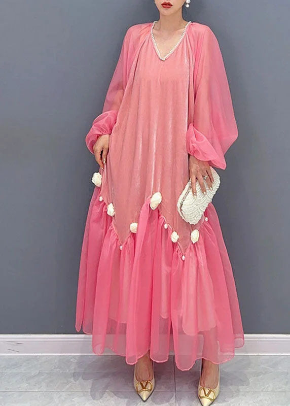 Natural Pink V Neck Tulle Patchwork Silk Velour Maxi Dress Long Sleeve Tulle Dress Chic