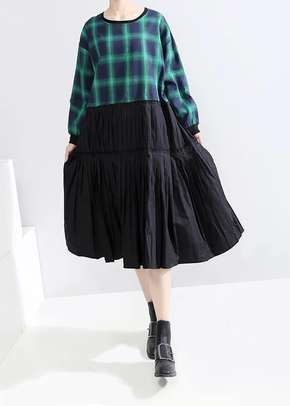 Classy long sleeve cotton clothes Photography green plaid patchwork Plus Size Dresses Plus Size Mesh