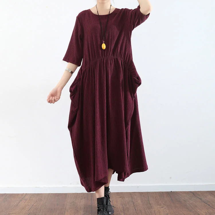 half sleeve burgundy baggy plus size dress pleated silk dresses long silk maxi dress tunic gown Formal Plus Gown