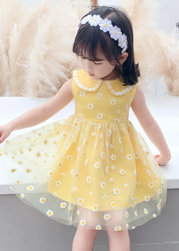 Stylish Yellow Patchwork Tulle Kids Long Dresses Sleeveless Tulle Dress Charm