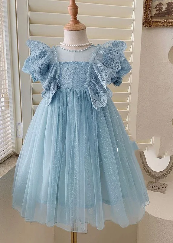 Handmade Blue O-Neck Patchwork Nail Bead Tulle Girls Maxi Dress Summer Tulle Dress Trend