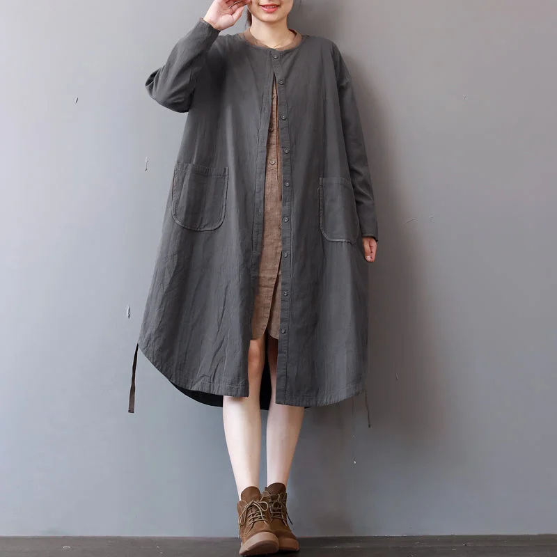 New gray cotton dress plus size stand collar cotton maxi dress Elegant long sleeve autumn shirt dress Plus Size Sexy