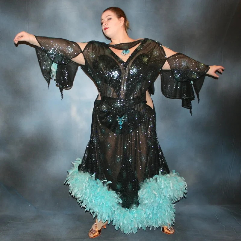 Black Plus Size Ballroom Dress with Light Turquoise Accents, Feathers and Hand Beading-Starburst Plus Size Off-shoulder