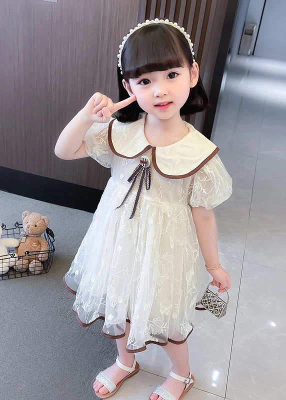 Cute Apricot Peter Pan Collar Wrinkled Patchwork Tulle Baby Girls Dresses Summer A-line Tulle Gown