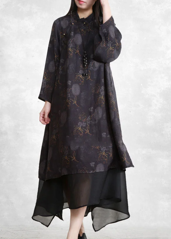 Vintage Black Mandarin Collar Tulle Patchwork Fake Two Piece Dress Long Sleeve Floor-length Tulle Dress