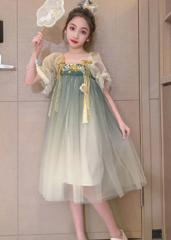 Vintage Green Gradient Embroideried Patchwork Tulle Baby Girls Dresses Summer Tulle A-line Dress