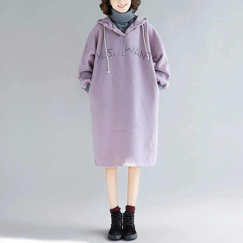 fine purple long sleeve cotton dress plus size false two pieces spring dress hooded dresses Comfortable Plus Dress