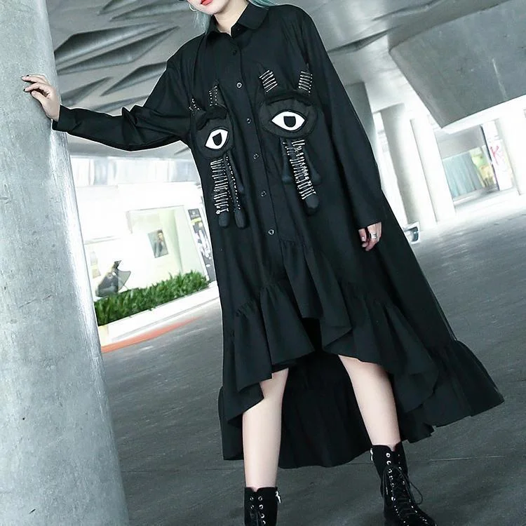 Fine black autumn shirt dress trendy plus size Turn-down Collar gown Fine asymmetrical design large hem shirt dress Plus Size Swing