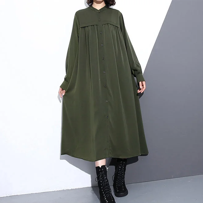 Elegant army green autumn silk cotton blended dress plus size stand collar silk cotton blended clothing dresses 2018 pockets Cinched long dresses Stylish Plus Gown