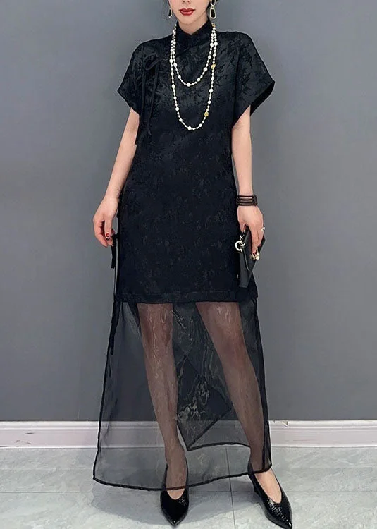 Chinese Style Black Stand Collar Lace Up Patchwork Tulle Dresses Summer Pink Tulle Gown Chinese Style Black Stand Collar Lace Up Patchwork Tulle Dresses Summer Pink Tulle Gown