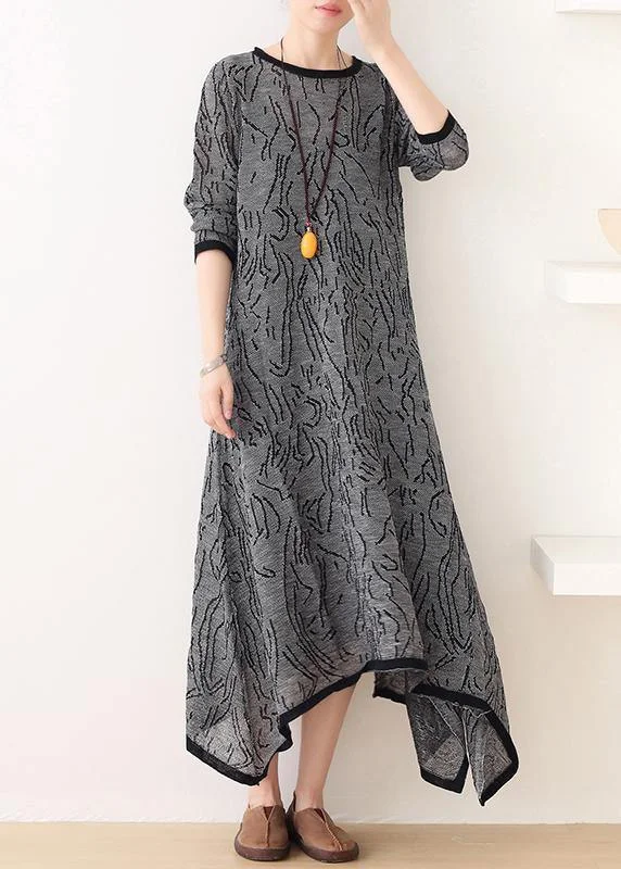 French gray striped quilting clothes o neck asymmetric Plus Size Clothing Dress Plus Size Style